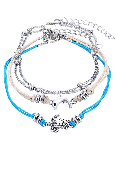 Set 3 bratari de glezna, snururi cu testoasa si delfin si lantisor cu margelute, Argintiu