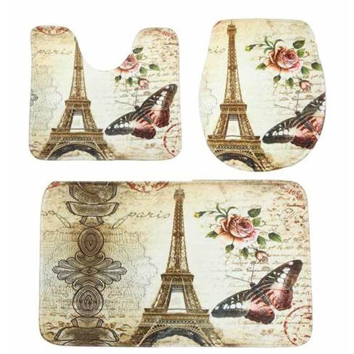Set 3 Covorase Baie FizioTab, Antiderapante, Model Turnul Eiffel cu Fluturi, Multicolor