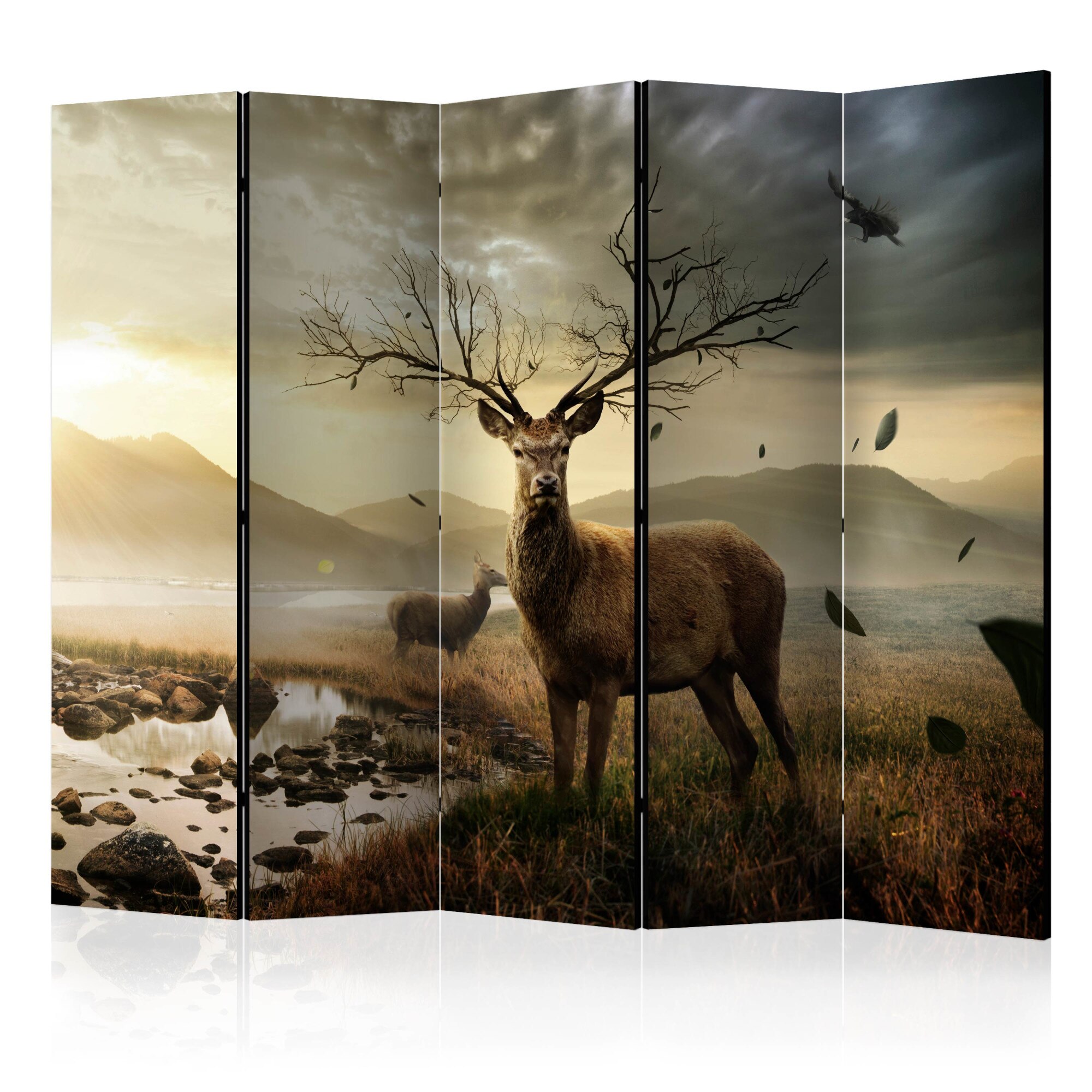 Paravan din 5 parti - Caprioare pe paraie de munte - 225 x 172 cm