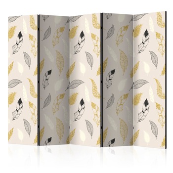 Paravan din 5 parti - Pene de aur - 225 x 172 cm Paravan din 5 parti - Pene de aur - 225 x 172 cm