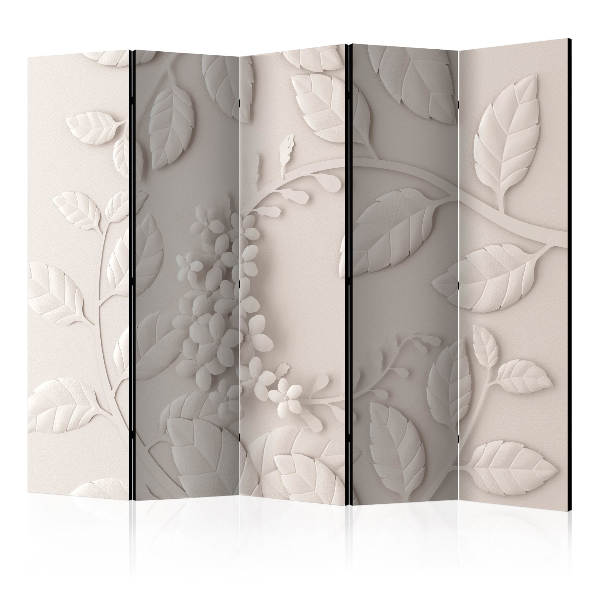 Paravan din 5 parti - Hartie Flori Crema - 225 x 172 cm