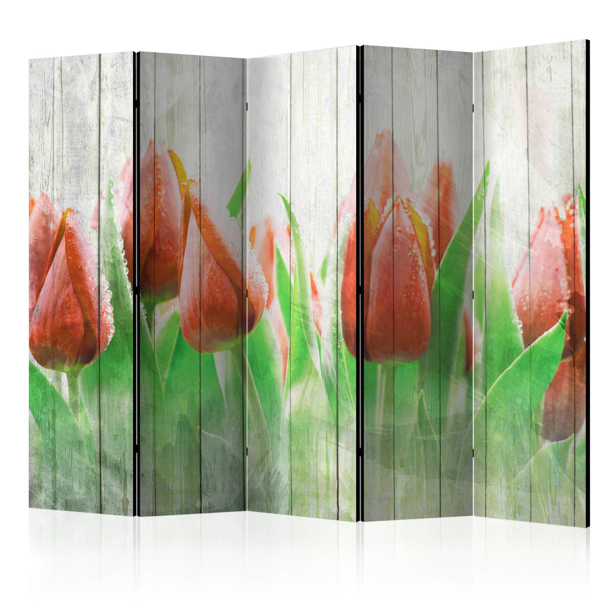 Paravan din 5 parti - Lalele rosii pe lemn - 225 x 172 cm