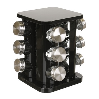 Recipiente pentru condimente cu suport rotativ negru,12 buc/set Recipiente pentru condimente cu suport rotativ negru,12 buc/set