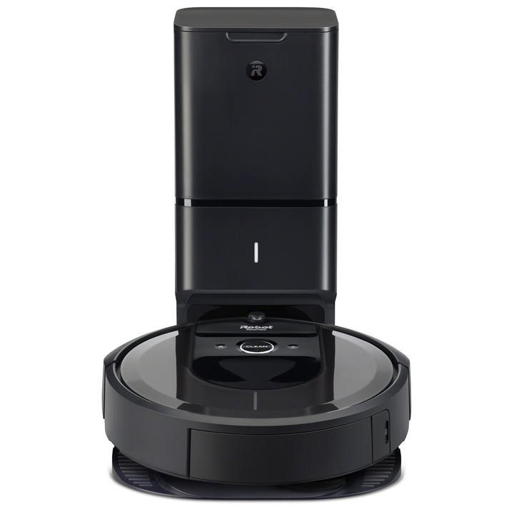 Прахосмукачка робот iRobot Roomba i7+ с WiFi и автономно изпразване на боклука в Clean Base™, автоматично зареждане и резюме на почистването, ъглова четка, 2 многоповърхностни гумени четки, картографиране на къщата, почиства стаите избирателно