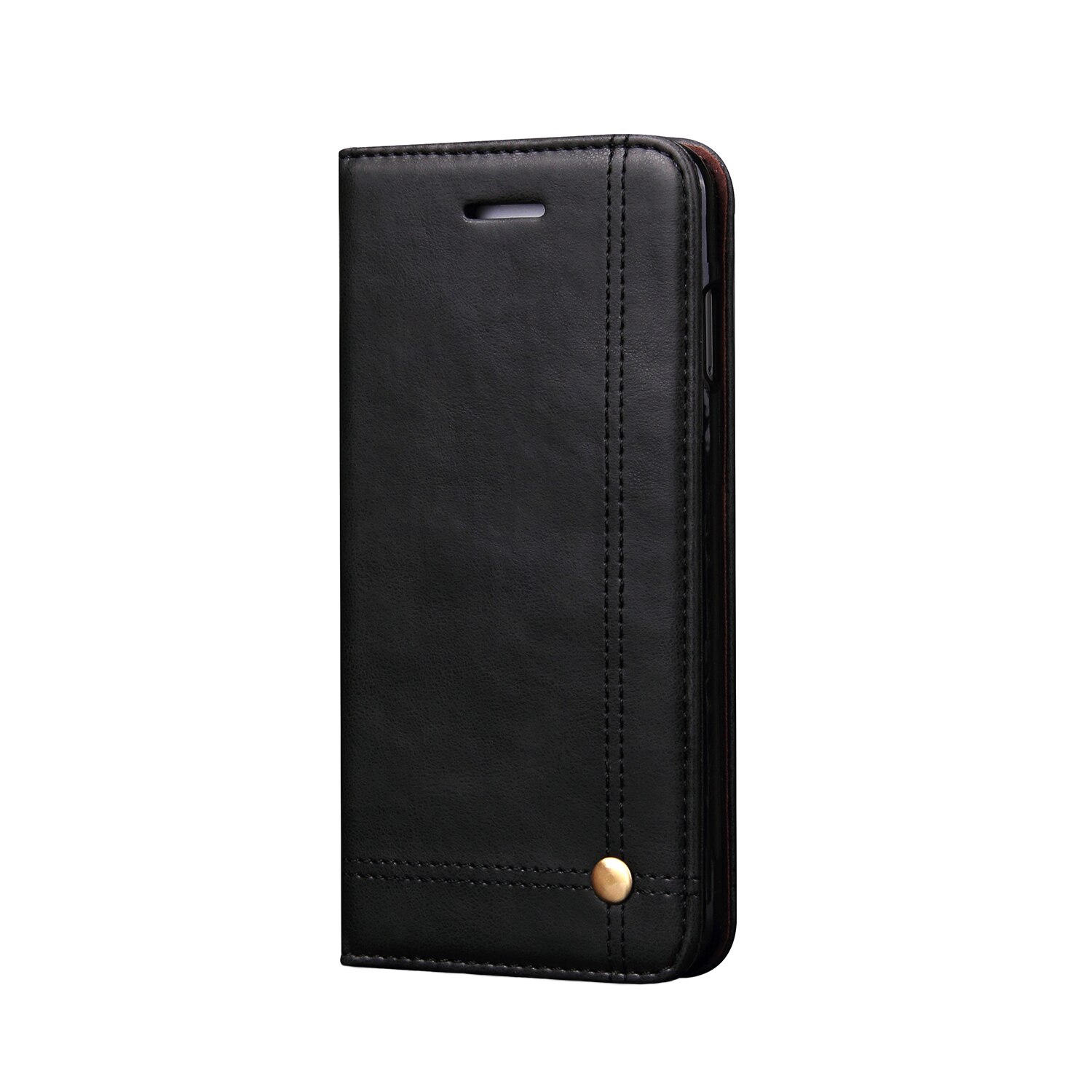 Husa iPhone SE 2 (2020), iPhone 8, iPhone 7, CaseMe, piele, tip portofel, cusaturi ornamentale, stand, inchidere magnetica, culoare Neagra