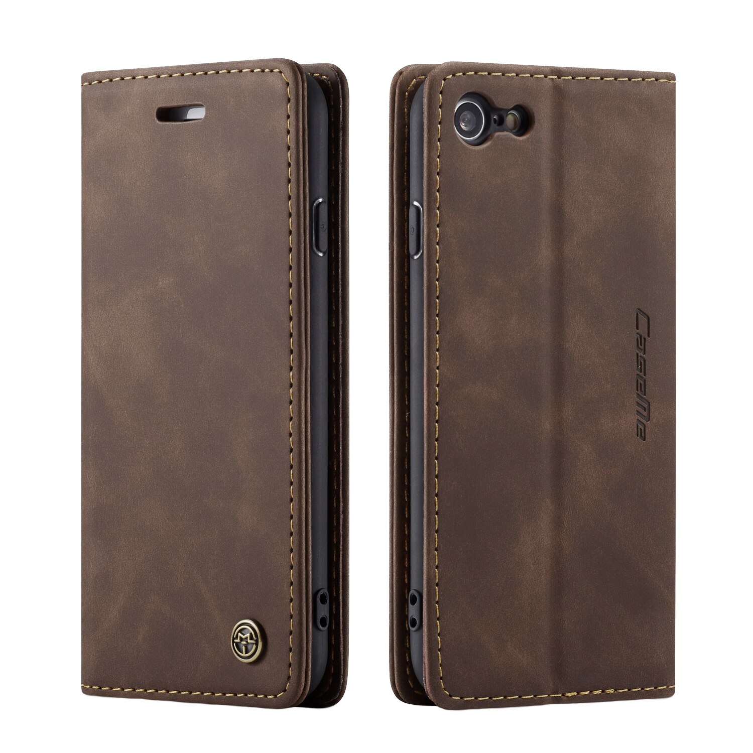 Husa iPhone SE 2 (2020), iPhone 8, iPhone 7, iPhone 6 / 6s, CaseMe, slim piele, tip portofel, stand, inchidere magnetica, textura catifelata, culoare Maro Coffee