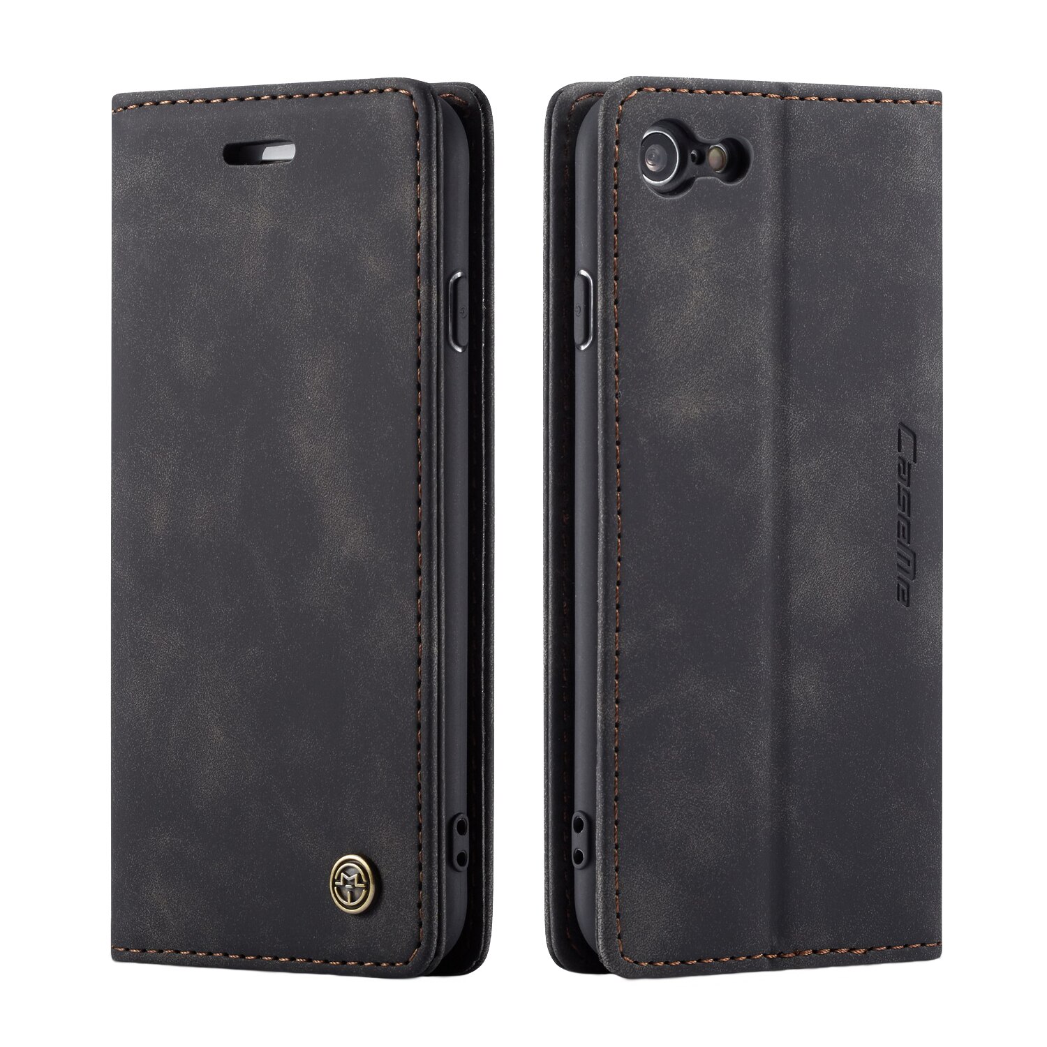 Husa pentru iPhone SE 2 (2020), iPhone 8, iPhone 7, iPhone 6 / 6s, CaseMe, slim piele, tip portofel, stand, inchidere magnetica, textura catifelata, culoare Negru