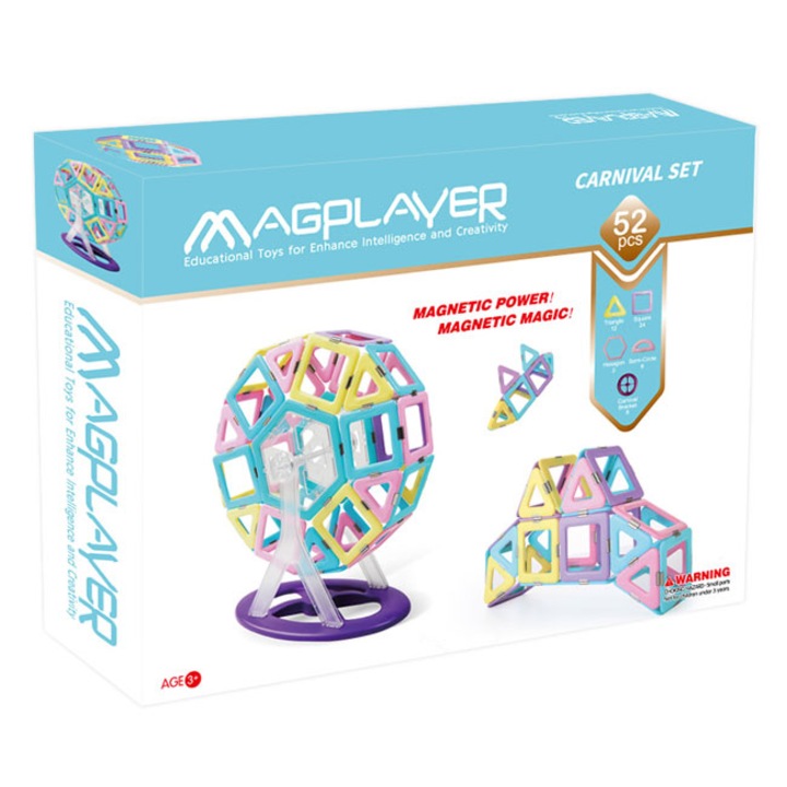 Joc de constructie magnetic MAGPLAYER - Carnival Set 52 pcs + Cadou cutie slime 10gr