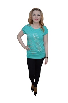 Tricou lung de vara,cu model fashion din cristale albe,D&J Exclussive, Turcoaz Tricou lung de vara,cu model fashion din cristale albe,D&J Exclussive, Turcoaz