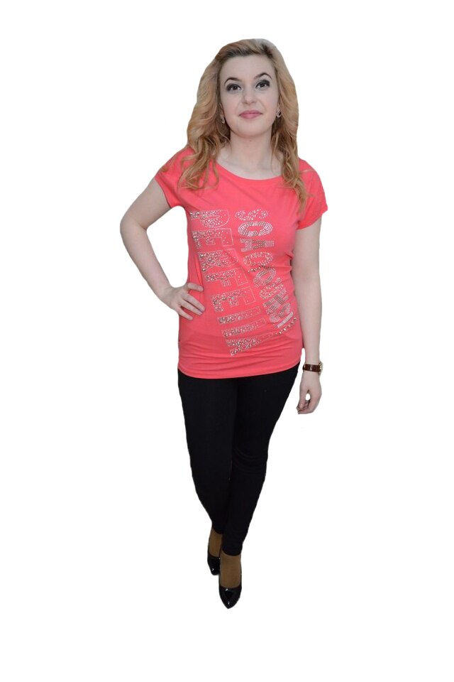 Tricou lung de vara,cu model fashion din cristale albe,D&J Exclussive, Corai