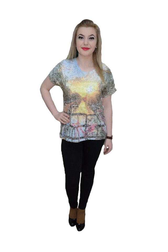 Tricou modern din bumbac, design multicolor si maneca scurta,D&J Exclussive, Multicolor