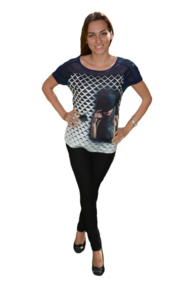 Tricou fashion , design tineresc cu alb,D&J Exclussive, Albastru marin