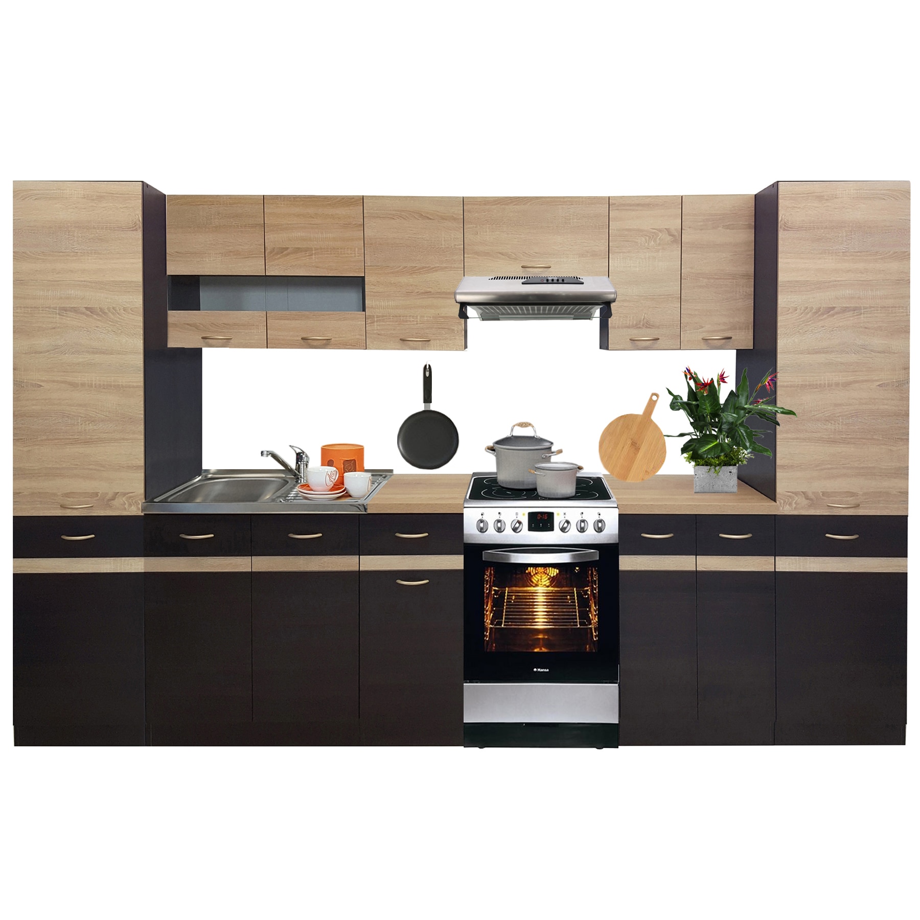 Set Bucatarie Junona 5A2 Genarom, Stejar Sonoma cu Wenge, 340 x 195,5 x 60 cm