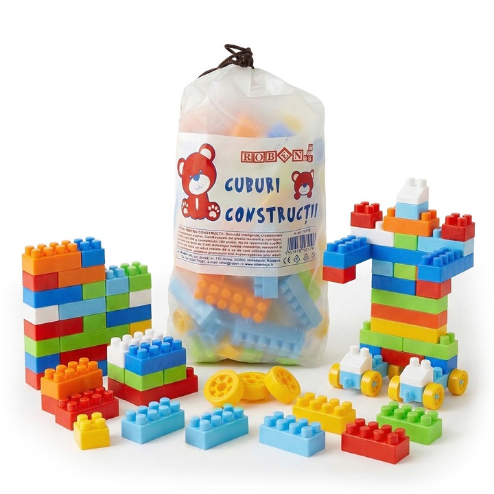 Set Cuburi de Constructie Robentoys, 160 piese, in Saculet, Plastic Rezistent, Multicolor, Joc Educativ si Creativ pentru Copii, +3 ani