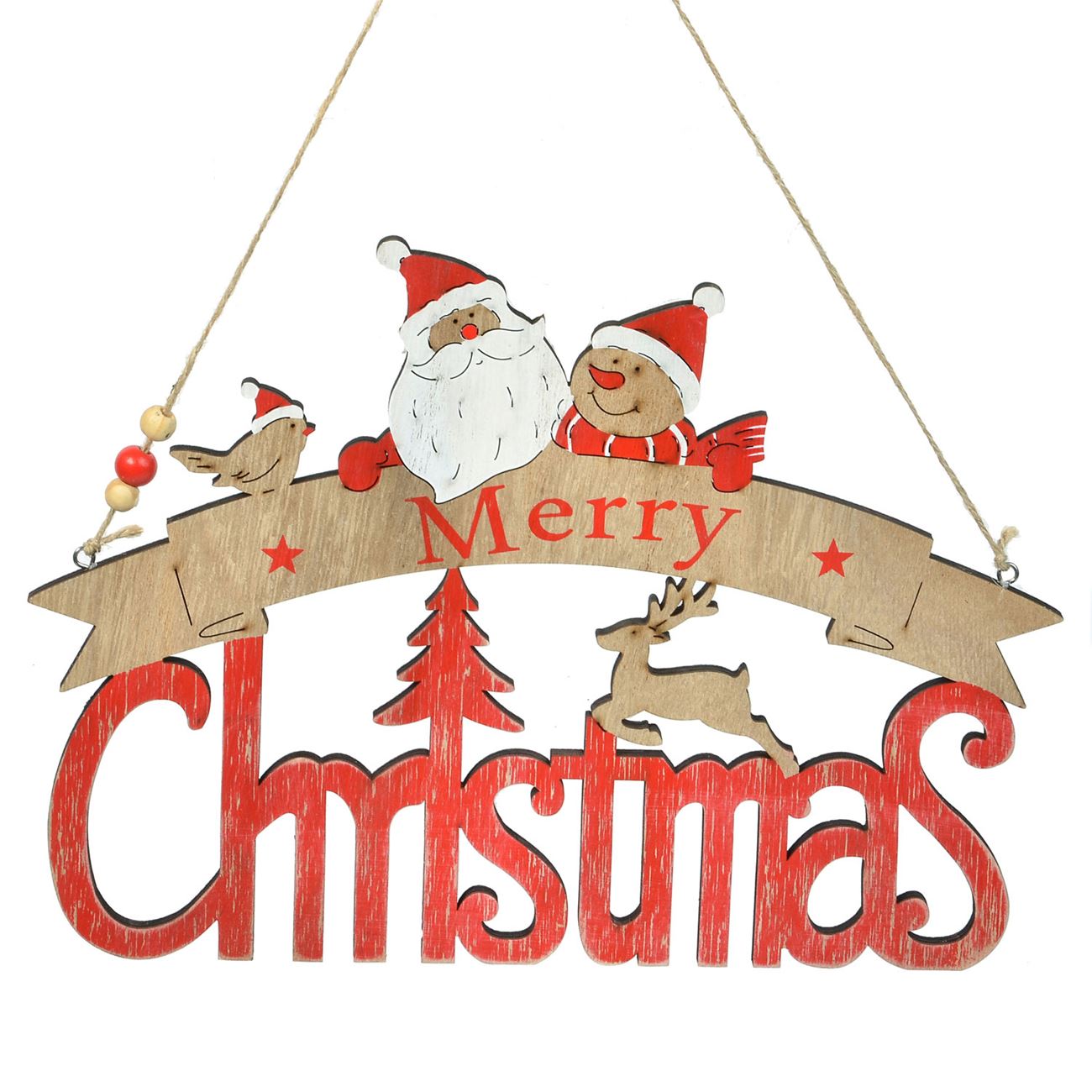 Pandantiv lemn cu Mos Craciun Merry Christmas, DecorCasa, 31 cm