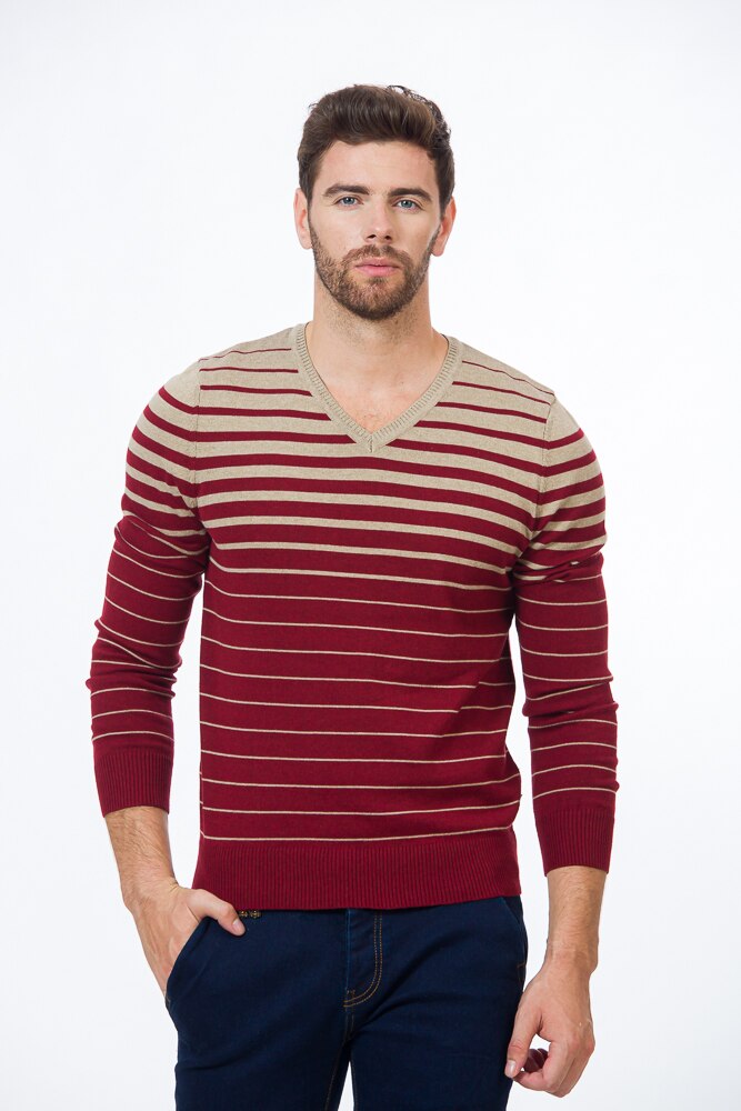 Pulover BE YOU cu dungi, Bordo