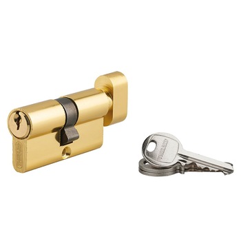 Cilindru cu buton Thirard „ECO” 30 x 30 mm, din aluminiu cu finisaj alama, mecanism cu 5 pini, 3 chei Cilindru cu buton Thirard „ECO” 30 x 30 mm, din aluminiu cu finisaj alama, mecanism cu 5 pini, 3 chei