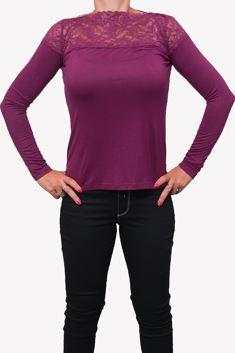 Bluza Sisters Point cu dantela si maneca lunga, Mov