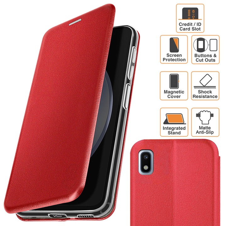 Husa pentru Samsung Galaxy A10 / M10, tip carte, inchidere Magnetica, buzunar Card, Functie Stand, Piele-Eco cu interior Microfibra, Flip Open, Rosie