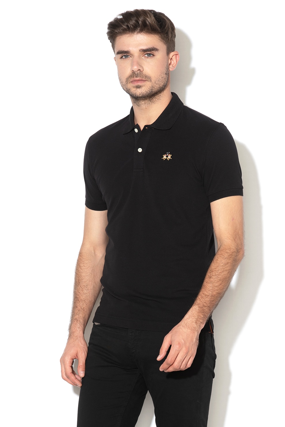 LA MARTINA, Tricou polo slim fit din material pique, Negru