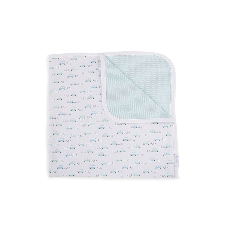 Paturica moale KikkaBoo Green Cars 80x80 cm din bumbac jersey, cu doua fete, usoara si calduroasa, ideala pentru carucior si patut