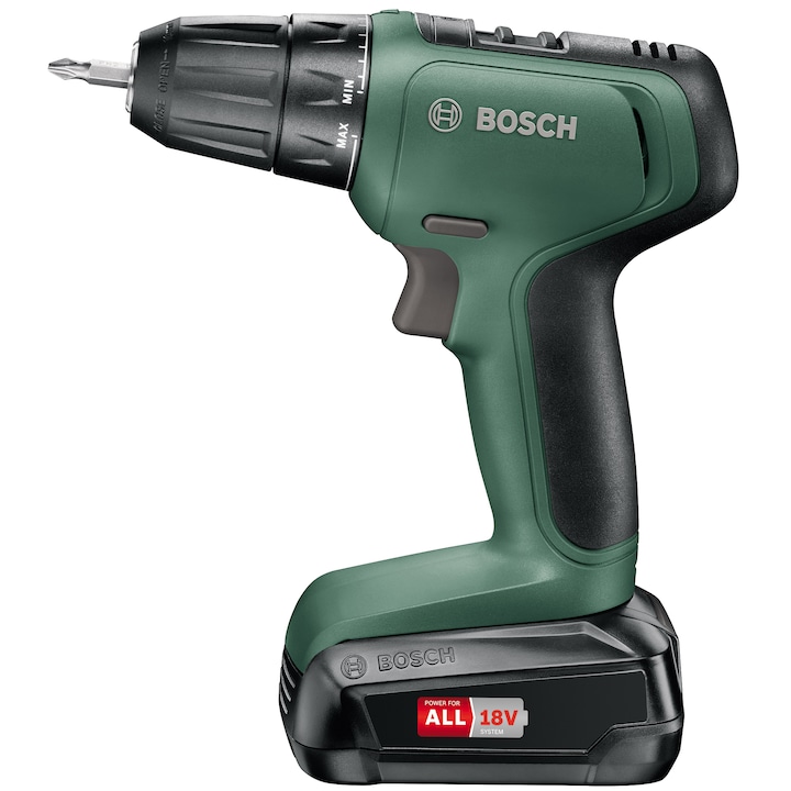 Bosch UniversalDrill 06039C8005 Akkus fúró-csavarozó, 18 V, 1450 ford/perc, 30 Nm + 2 x 1.5 Ah akku + töltő + dupla csavarbehajtóbit + professzionális koffer