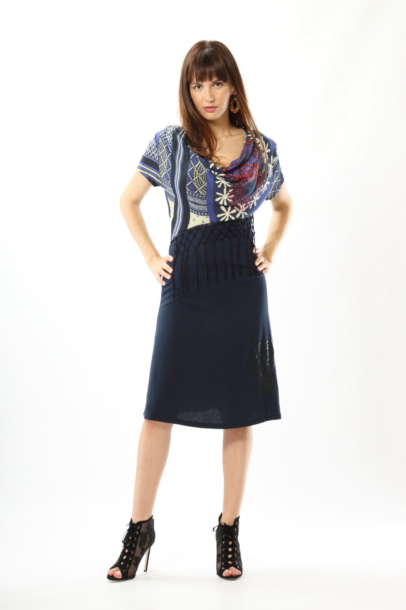 Rochie DESIGUAL midi, cu imprimeuri florale, albastru, Gabrielle, S EU