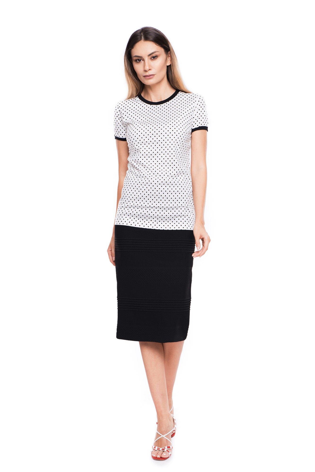 Tricou din bumbac, de culoare alba cu buline negre, Dolce & Gabbana, XS