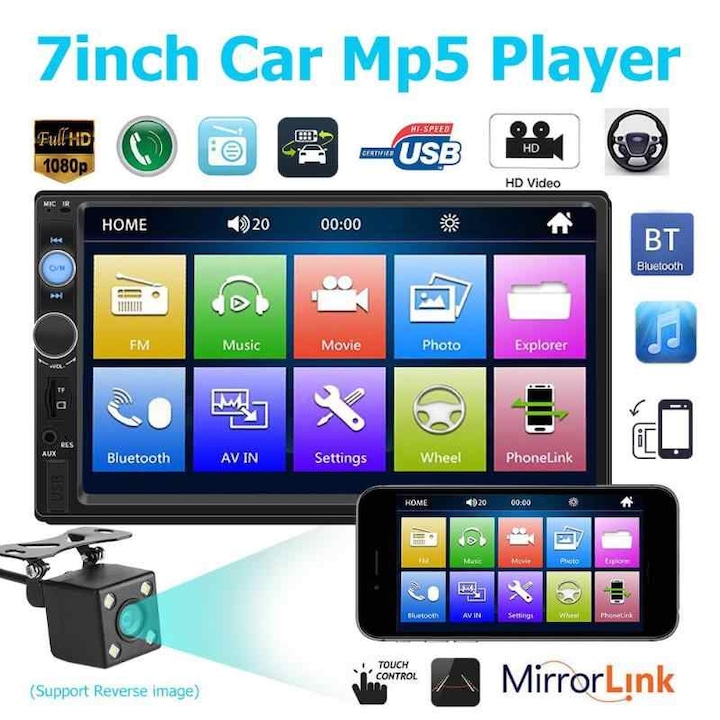 Мултимедия Amio 7010B 2DIN,Bluetooth V2.0 Автомобилен аудио видео,MP5 плейър + камера подърък