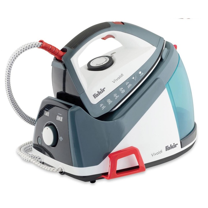 Statie de calcat Fakir Vivaldi, 2150 W, Rezervor 2 l, 6,5 bari, Abur variabil 125 g/min, Functie auto-curatare, Boiler inox, Oprire automata, Sistem antipicurare, Alb/Gri