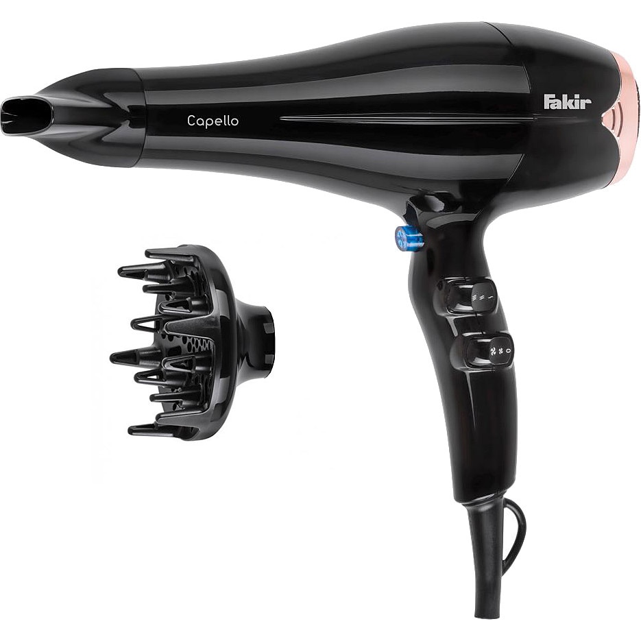 Uscator de par Fakir Capello, 2200W, Motor AC (profesional), 2 viteze, 3 Trepte de temperatura, Jet de aer rece, Concentrator, Difuzor pentru volum, Negru