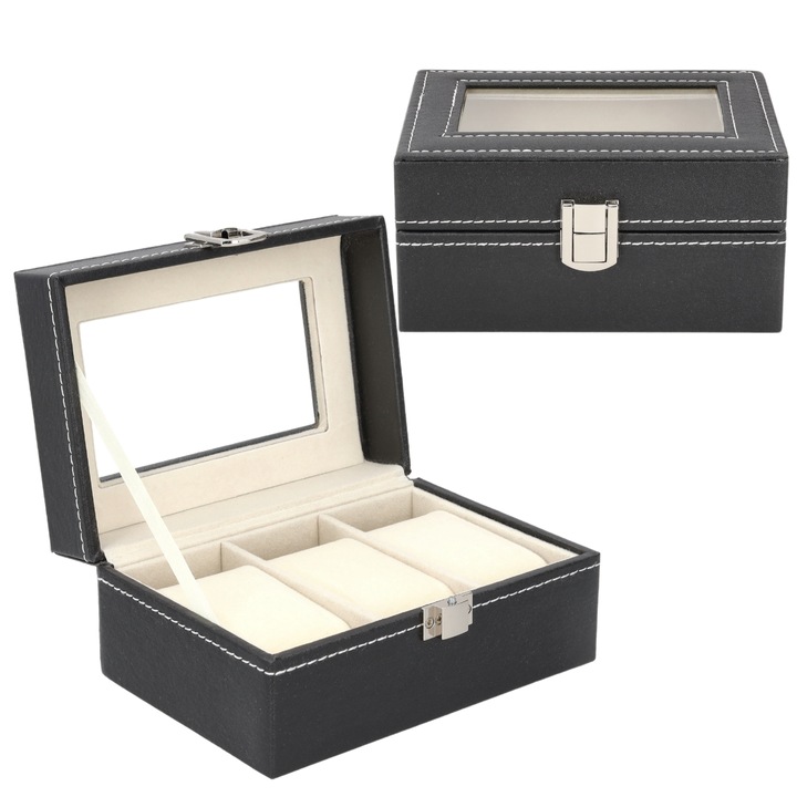 Cutie Pentru Ceasuri, Capacitate 3 Ceasuri, Dimensiuni 16x11x8 cm, Ecopiele/Sticla, Interior Moale, Fereastra Din Sticla, Inchidere Metalica, Negru