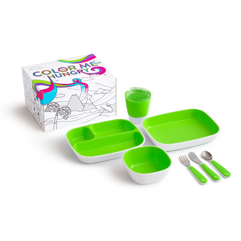 Set complet pentru hranire 7 piese (pahar, bol, 2 farfurii, lingurita, furculita, cutit), Munchkin 