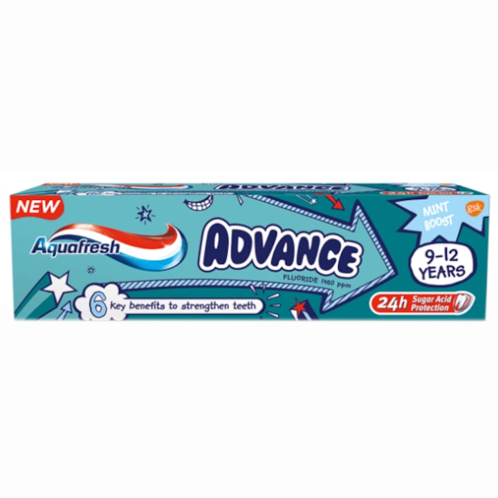 Паста за зъби AquafreshAdvance 9-12 години, 75 мл