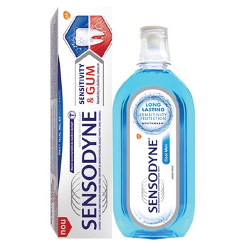 Pasta de dinti Sensodyne Sensitivity and Gum, 75ml + Apa de gura Cool Mint, 500ml Pasta de dinti Sensodyne Sensitivity and Gum, 75ml + Apa de gura Cool Mint, 500ml