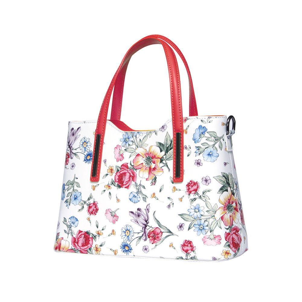 Geanta din piele naturala cu model floral Suzan, manere rosii