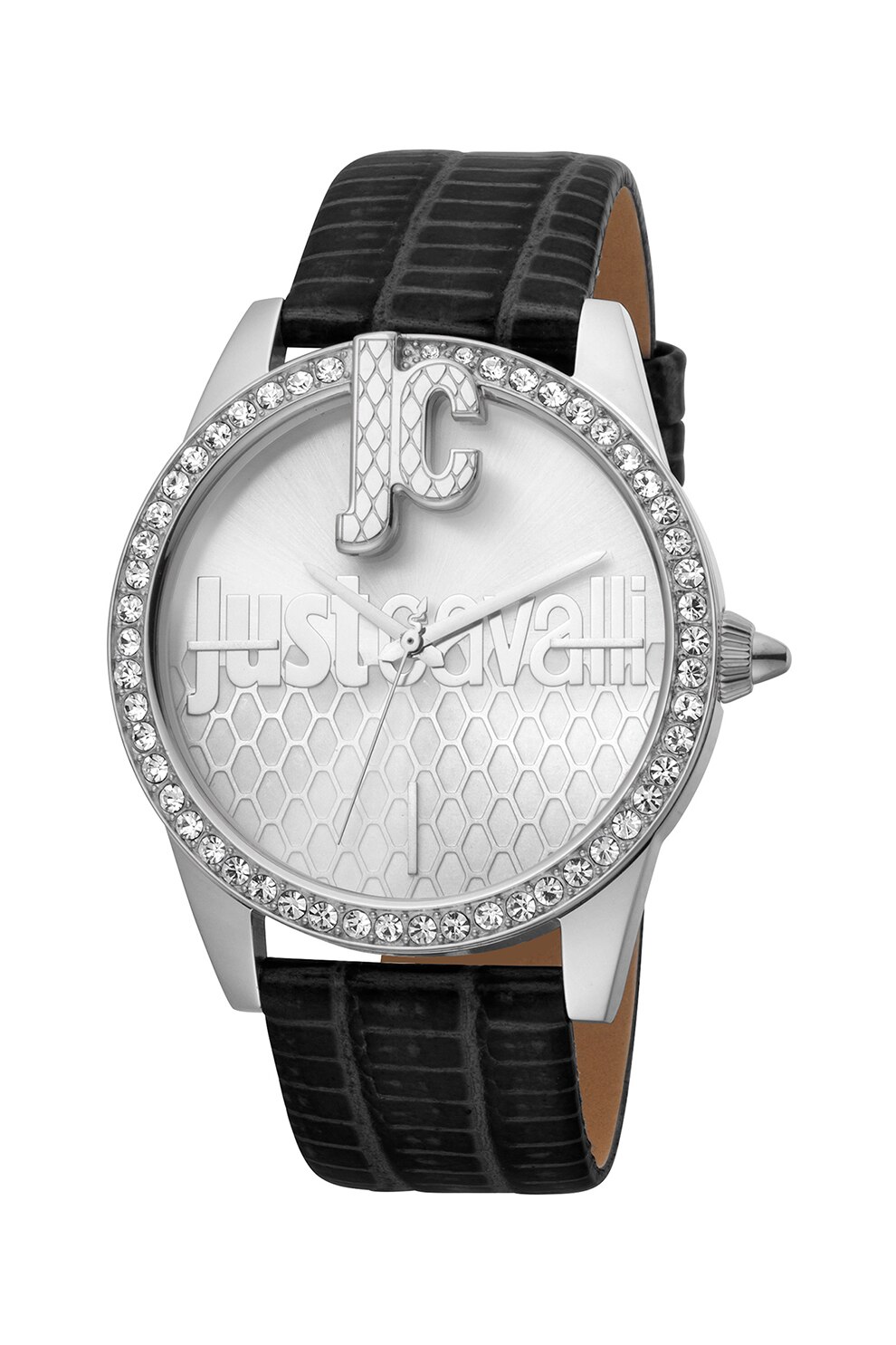 JUST CAVALLI, Ceas cu o curea de piele cu strasuri, Negru