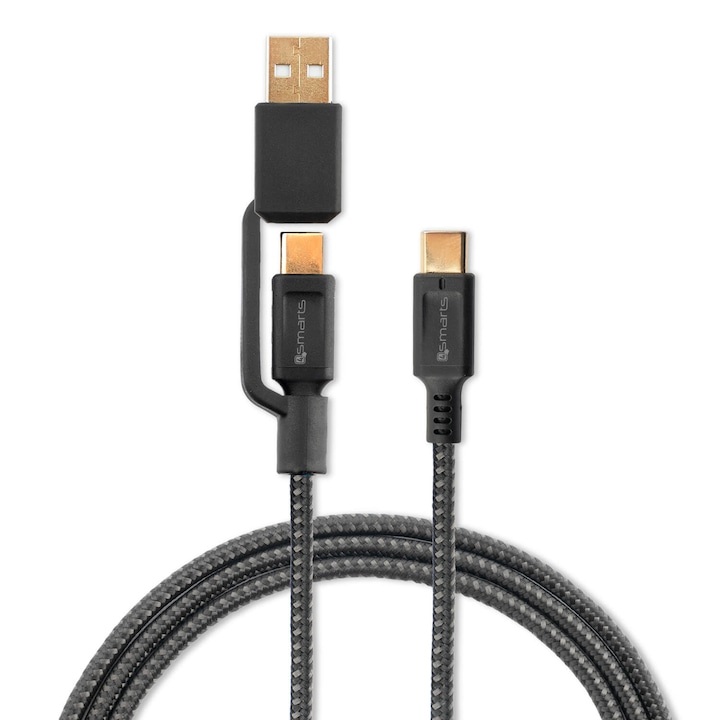 Cablu multifunctional de calitate pentru USB la USB-C si USB-C la USB-C, 4smarts ComboCord 5A, negru
