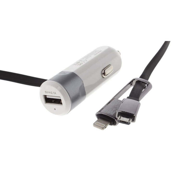 REMAX autós töltő 2in1 USB A kábel Micro USB / Lightning RCC102 ezüst
