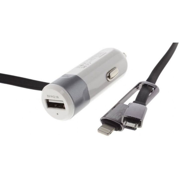 Incarcator Auto, Remax, 2in1 - USB + Micro USB + Cablu tip Lightning , 3.4A , Silver