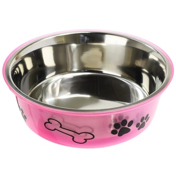 Castron inox 900 ml, cu invelis exterior plastic transparent , Roz, 17x6.5 cm, baza cauciuc antiderapant, 180g Castron inox 900 ml, cu invelis exterior plastic transparent , Roz, 17x6.5 cm, baza cauciuc antiderapant, 180g