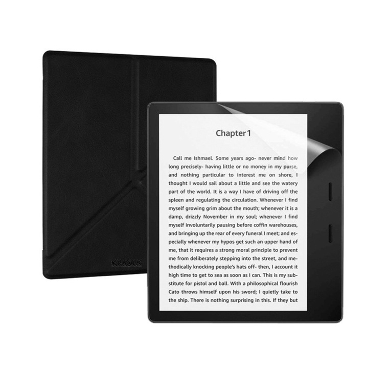 Комплект 2 в 1 за четец на електронни книги Kindle Oasis 3 10 януари 2019 г., Oasis 9 януари 2017 г. с капак KRASSUS тип оригами и екранно фолио, черно