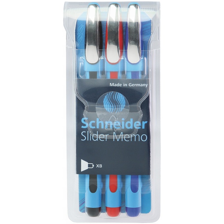 Химикалка Schneider Slider Memo Xb, гумен грип, метални фитинги, 3 цвята/комплект - (n, R, A)