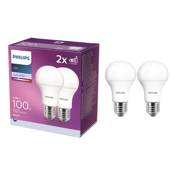 Pachet 2 becuri LED Philips, E27, 12.5W (100W), 1521 lm,Clasa energetica E, lumina neutra (4000K) Pachet 2 becuri LED Philips, E27, 12.5W (100W), 1521 lm,Clasa energetica E, lumina neutra (4000K)