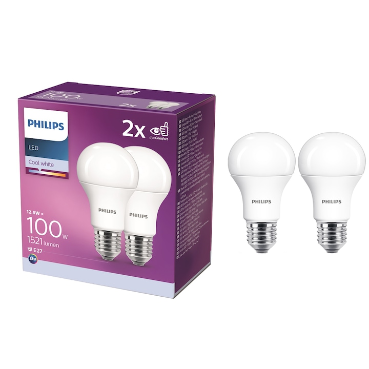 Pachet 2 becuri LED Philips, E27, 12.5W (100W), 1521 lm, lumina neutra (4000K), clasa energetica E