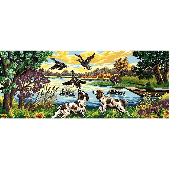 Goblen La vanatoare , Hudemas , kit goblen imprimat pe panza , cu fire mouline , 20x50 cm