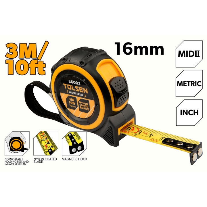 Ruleta 3 m x 16 mm metrica si inch Tolsen, carcasa ABS cu TPR, precizie Clasa MID II, profesionala