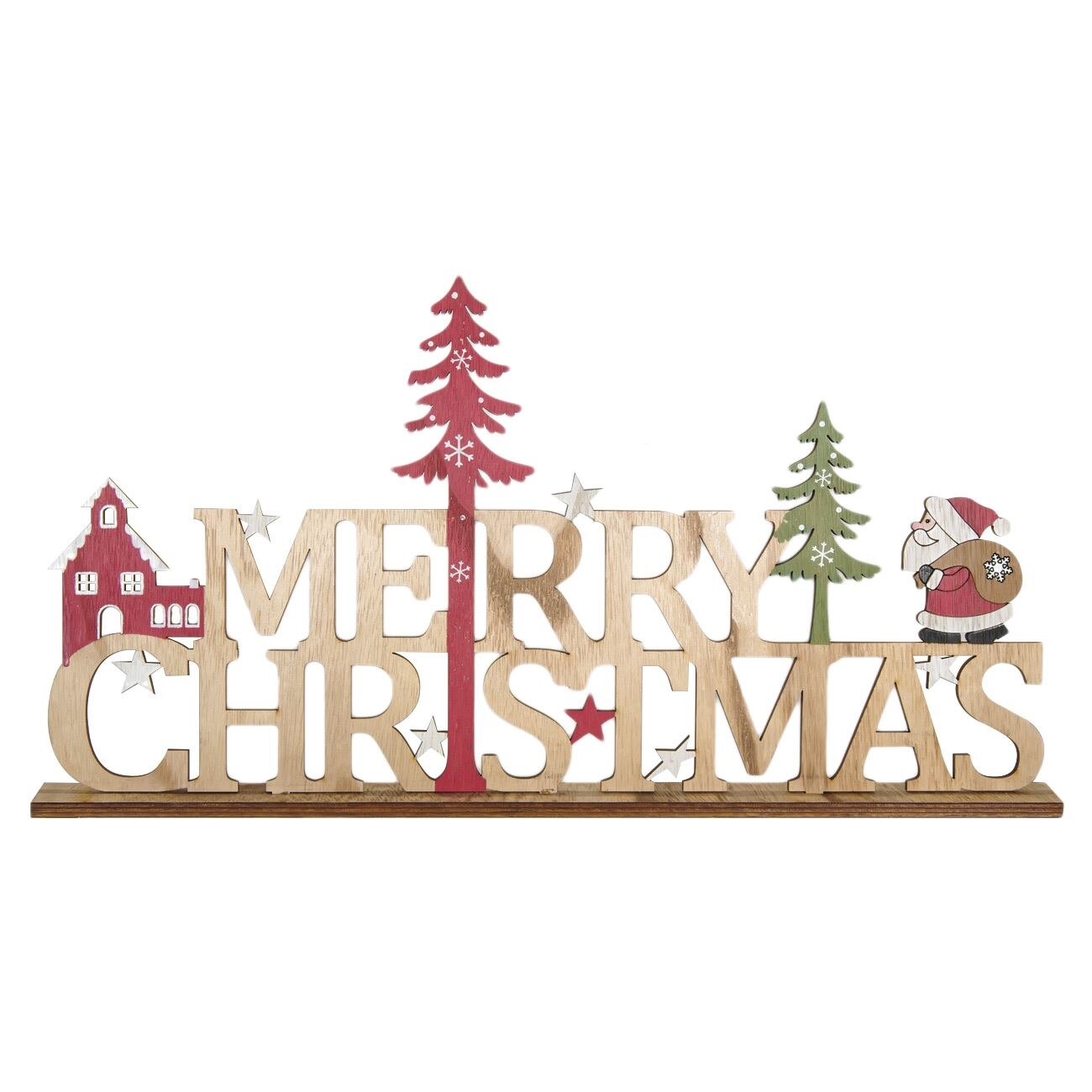 Decoratiune lemn cu brazi si Mos Craciun Merry Christmas, DecorCasa, 24 cm