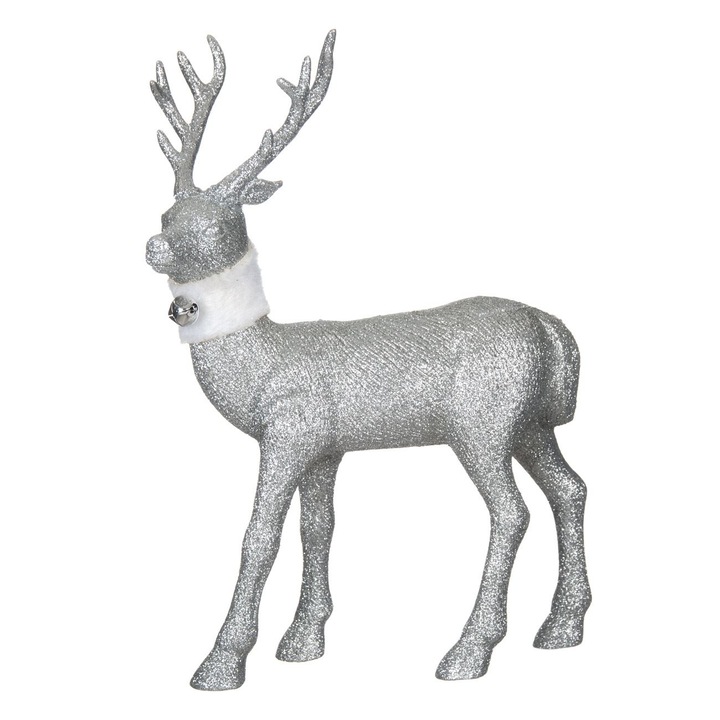 Блестящо сребристо коледно декоративно еленче с бял шал, DecorCasa, 33 см