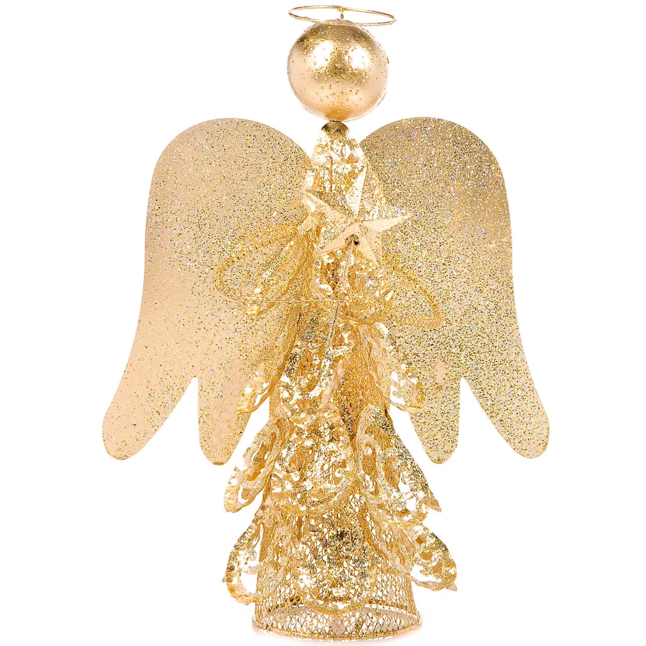 Decoratiune Craciun cu inger auriu lucios si stea, DecorCasa, 31 cm